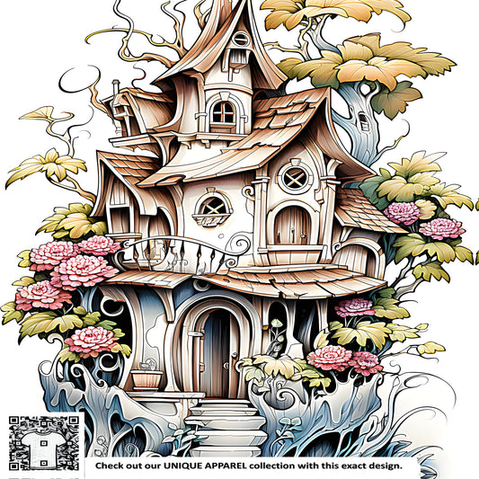 A colorful cottage scene with curved roofs, intricate details, lush flowers, and vines