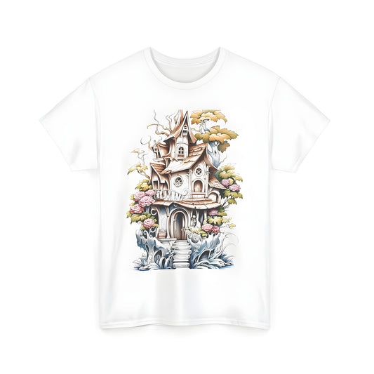 Unisex Graphic T-Shirt with Whimsical Cottage Design featuring Curved Roofs and Intricate Details