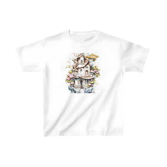 Kid's T-shirt with colorful graphic design of whimsical cottage, house, home, and village surrounded by flowers and vines