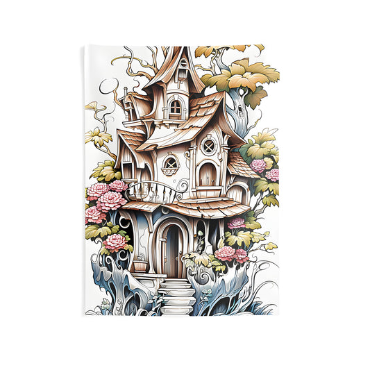 Whimsical cottage scene indoor wall tapestry with colorful graphic design featuring lush flowers and vines in a fairytale atmosphere