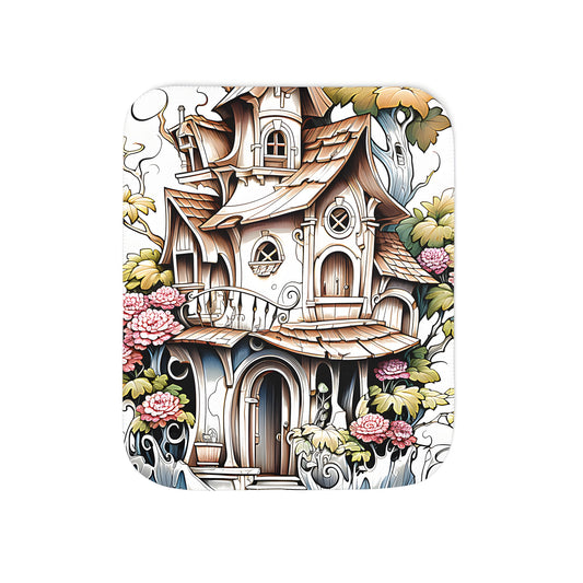 Cozy colorful blanket featuring a whimsical cottage scene with curved roofs and intricate details, surrounded by lush greenery and vines.