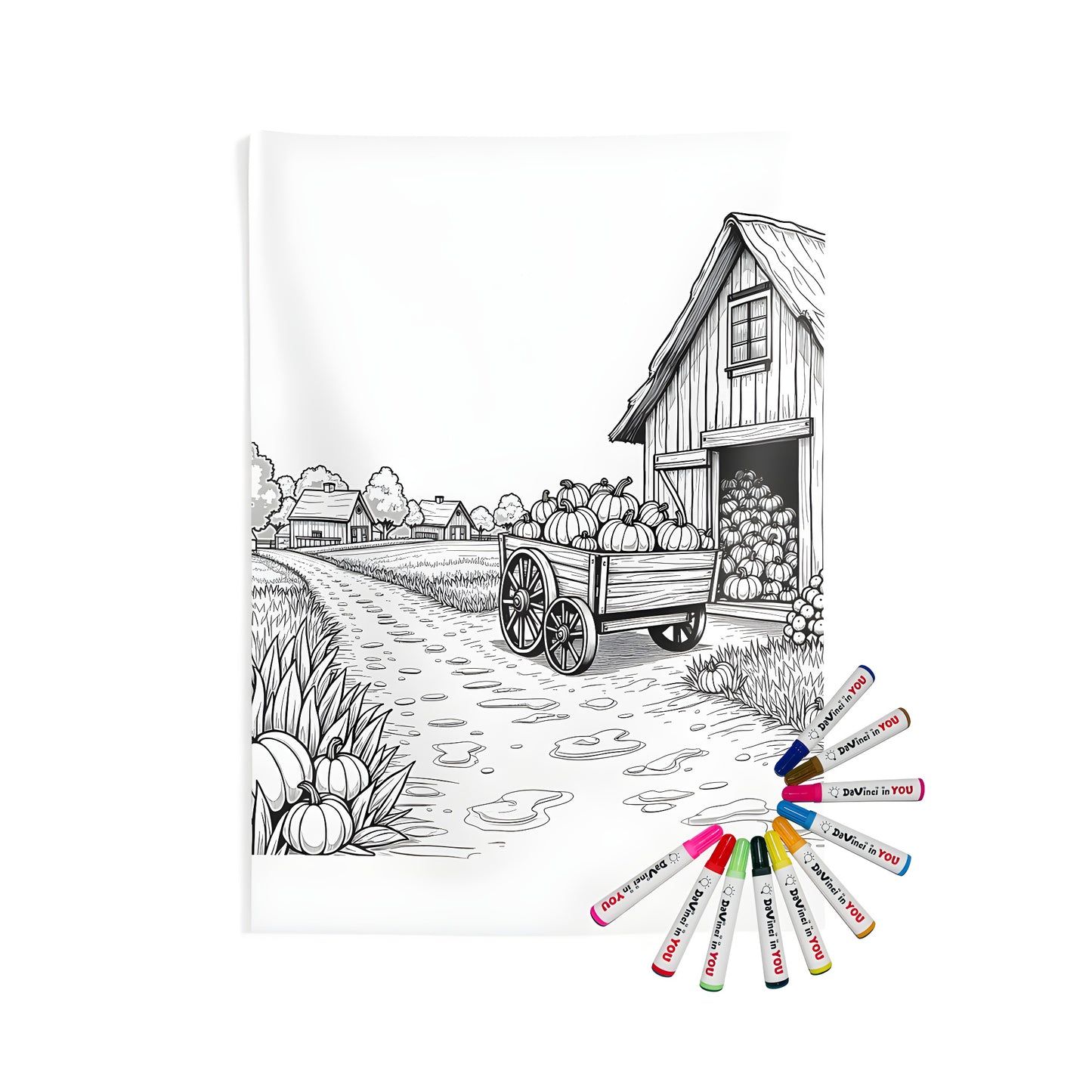 Indoor wall tapestry with colorful pumpkin patch and farm scene, perfect for home decor or gift idea