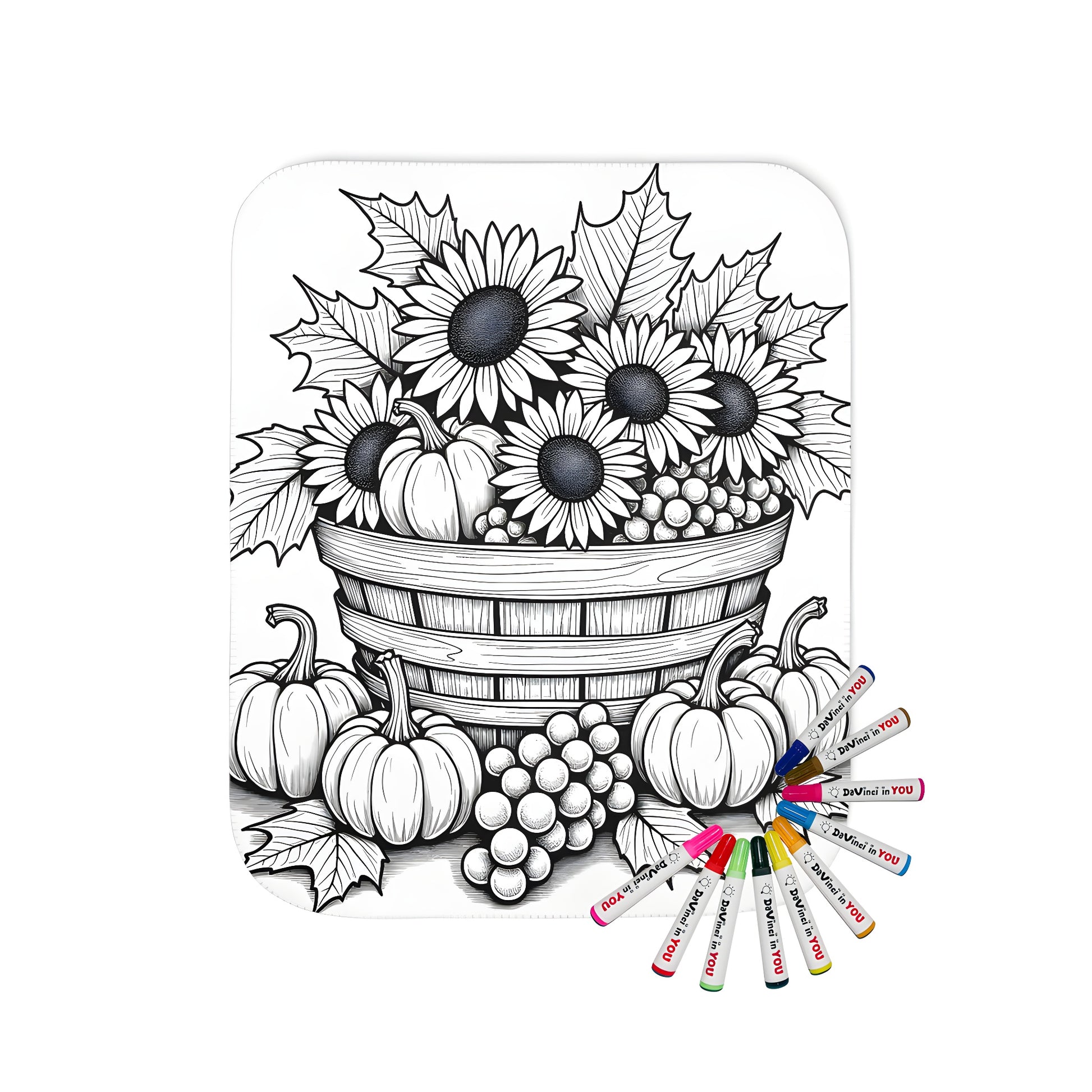 A cozy blanket featuring a beautiful black-and-white illustration of autumnal elements, including sunflowers, pumpkins, grapes, and leaves, evoking the feeling of a bountiful harvest. Perfect for snuggling up on a crisp fall day or as a thoughtful gift for someone who loves the season's warmth and beauty.