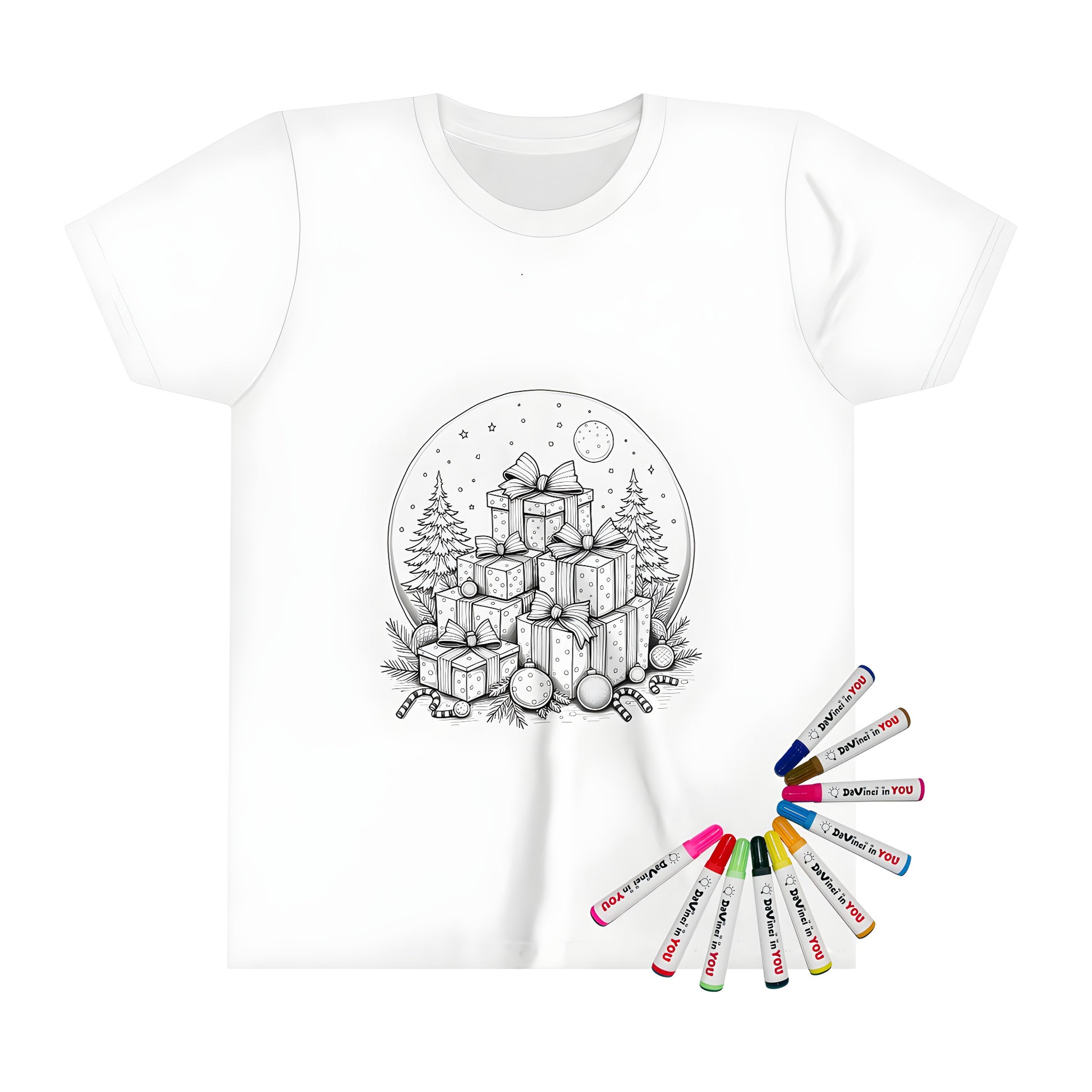 Kid's T-shirt featuring a colorful Christmas gifts design with wrapped presents, ornaments, candy canes, snowflakes, pine trees, and stars