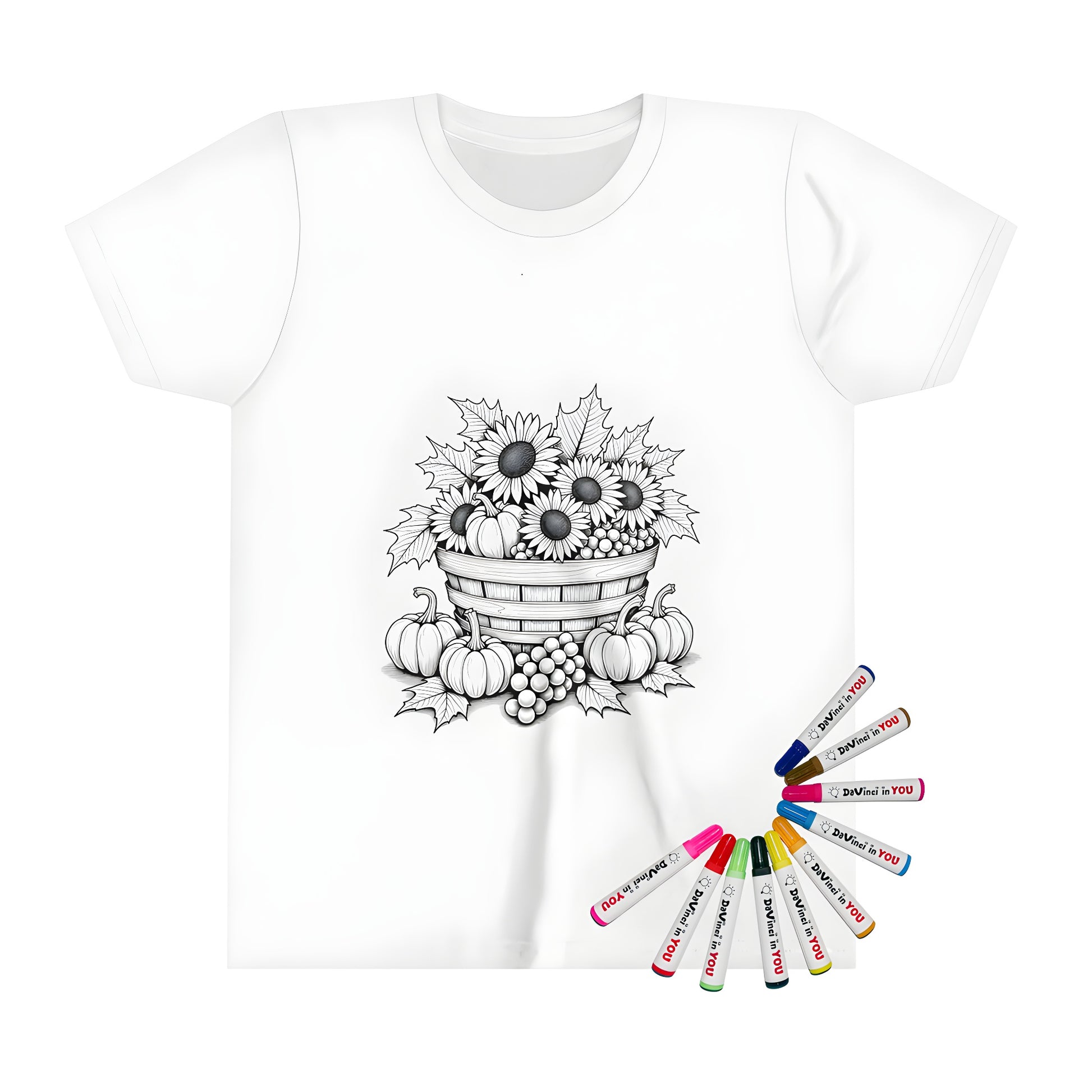 Colorful kid's t-shirt featuring a vibrant autumn design with sunflowers, pumpkins, grapes, and leaves