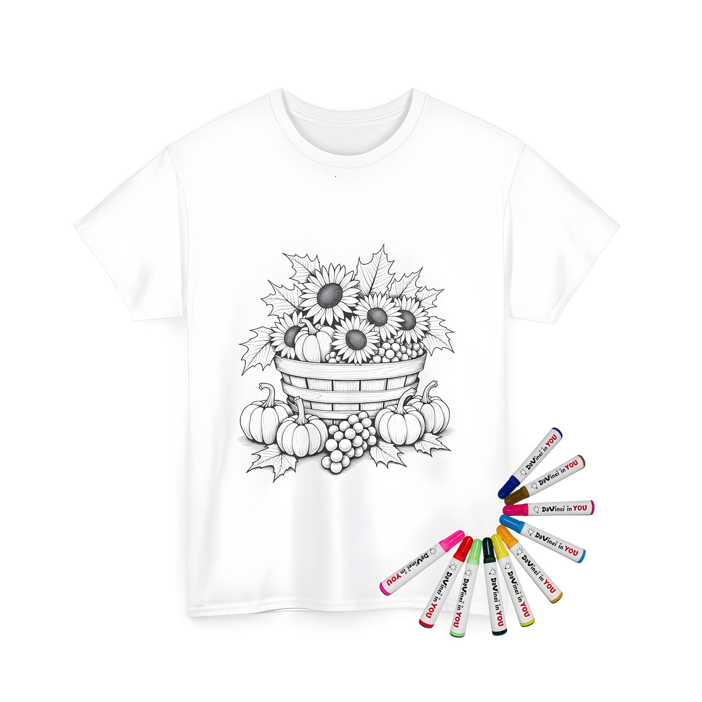 Autumn-inspired, seasonal, and harvest-themed coloring page art on a high-quality, soft-gender unisex t-shirt