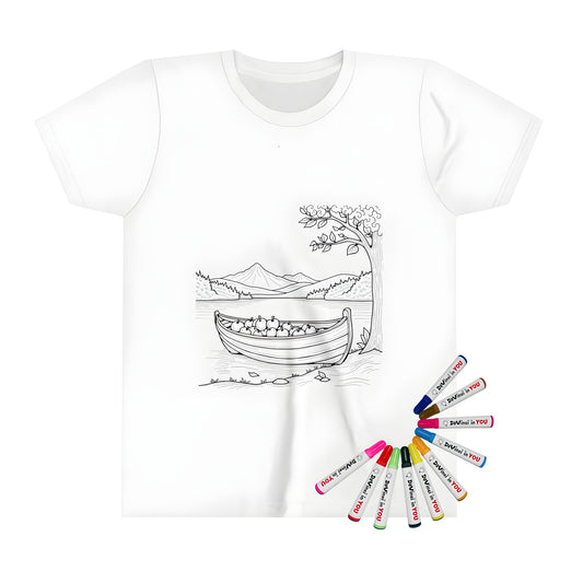 Coloring book illustration of a serene lakeside scene on a kid's t-shirt