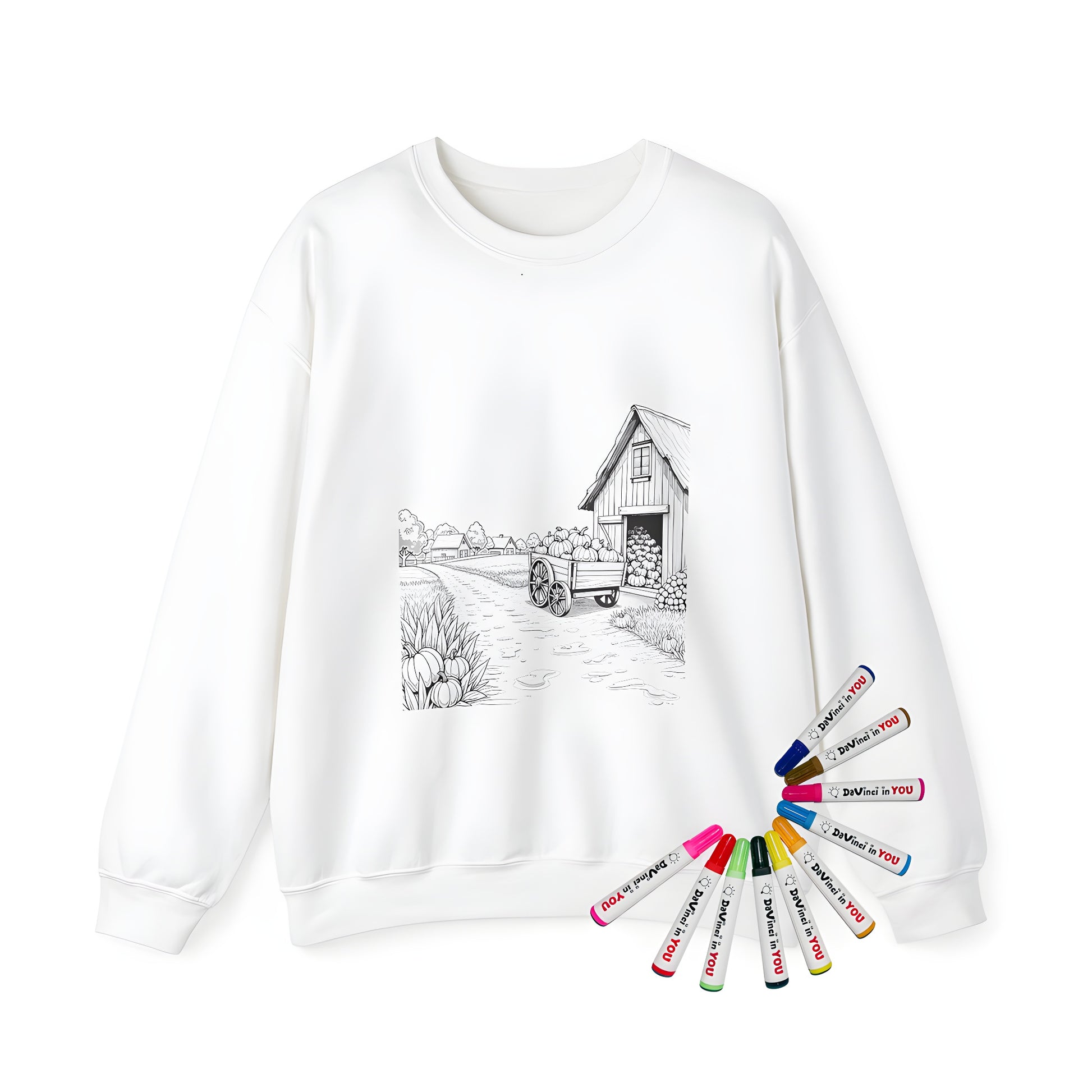 Adult sweatshirt with cozy farm scene design featuring pumpkins, cart, dirt road, and rustic cottages surrounded by autumnal trees