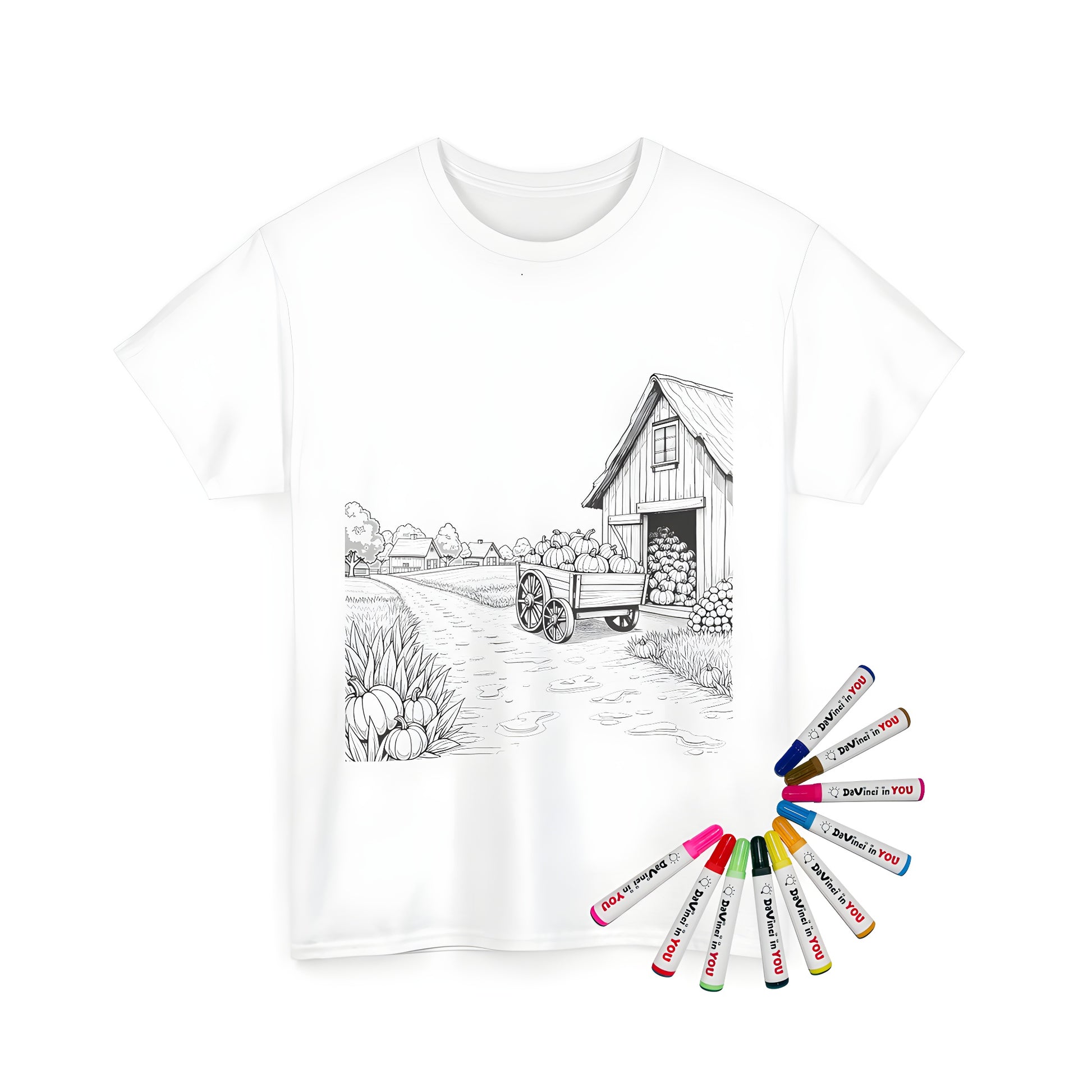 A colorful Unisex T-shirt featuring a peaceful farm scene with pumpkins, cart, dirt road, cottages, and trees, perfect for fall harvest season