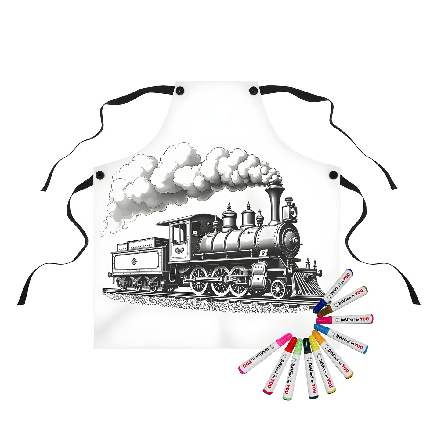 Vintage locomotive apron with intricate details and billowing smoke, perfect for adult coloring pages