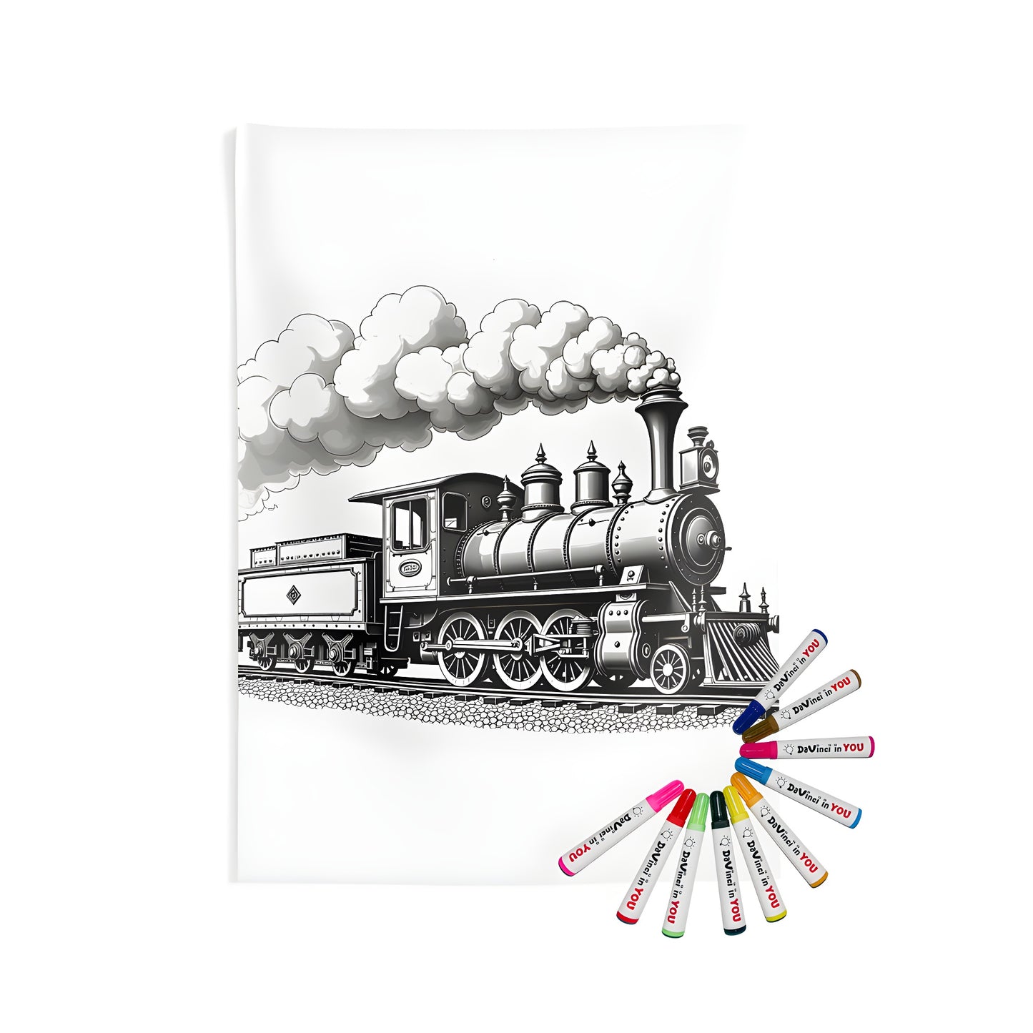 Vintage locomotive illustration, detailed steam engine picture, colorful train art, indoor wall tapestry decor