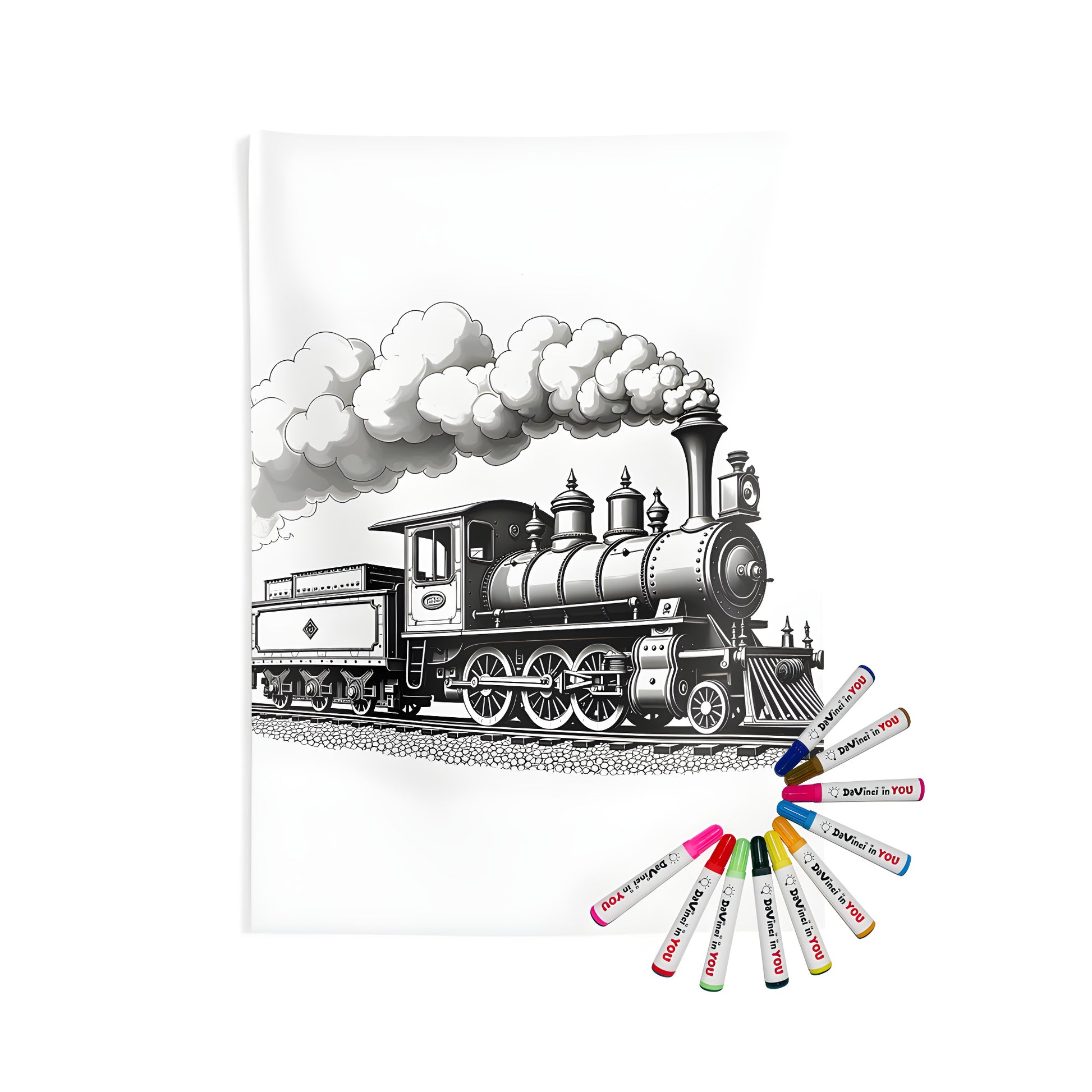 Vintage locomotive illustration, detailed steam engine picture, colorful train art, indoor wall tapestry decor