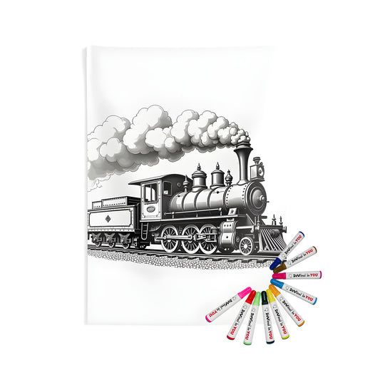 Vintage locomotive illustration, detailed steam engine picture, colorful train art, indoor wall tapestry decor
