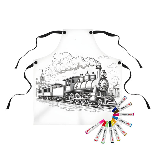 Apron featuring colorful engine locomotives and vintage train details