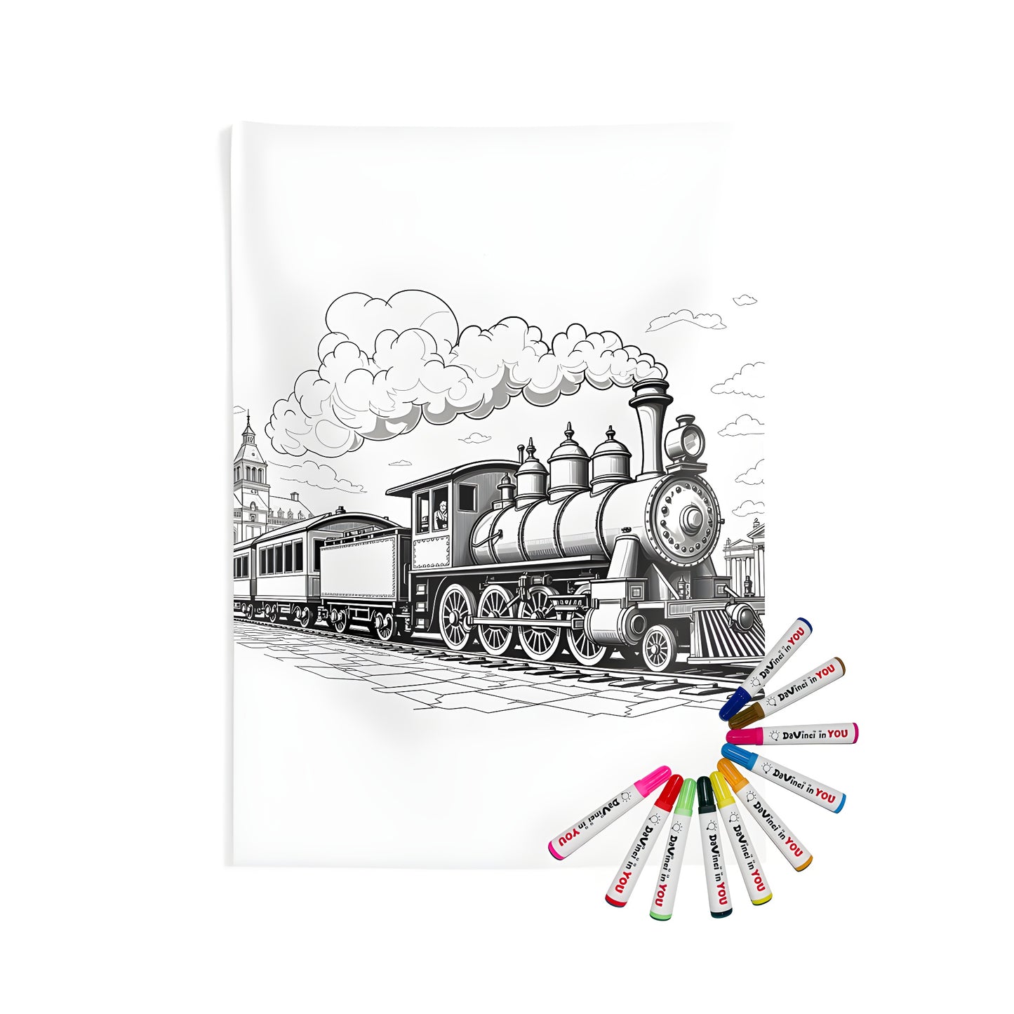 Indoor wall tapestries coloring kit with fabric markers featuring a vintage train locomotive and cars on a railway track beside a historical station