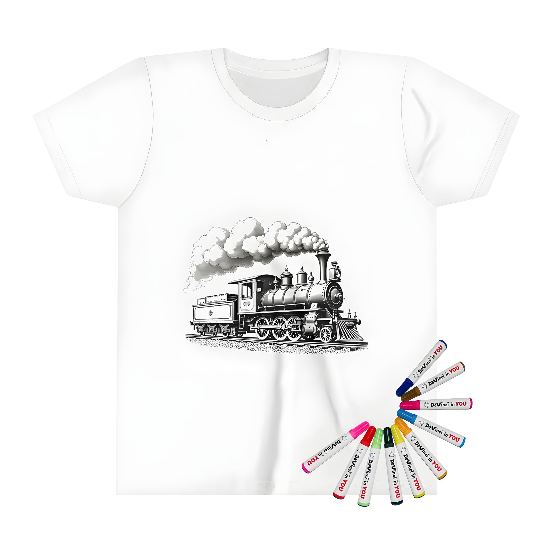 Coloring kit steam engine train illustration graphic print t-shirt kid's apparel