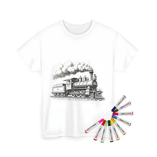 Detailed illustration of a classic locomotive steam train, vintage train design on unisex t-shirt for coloring page