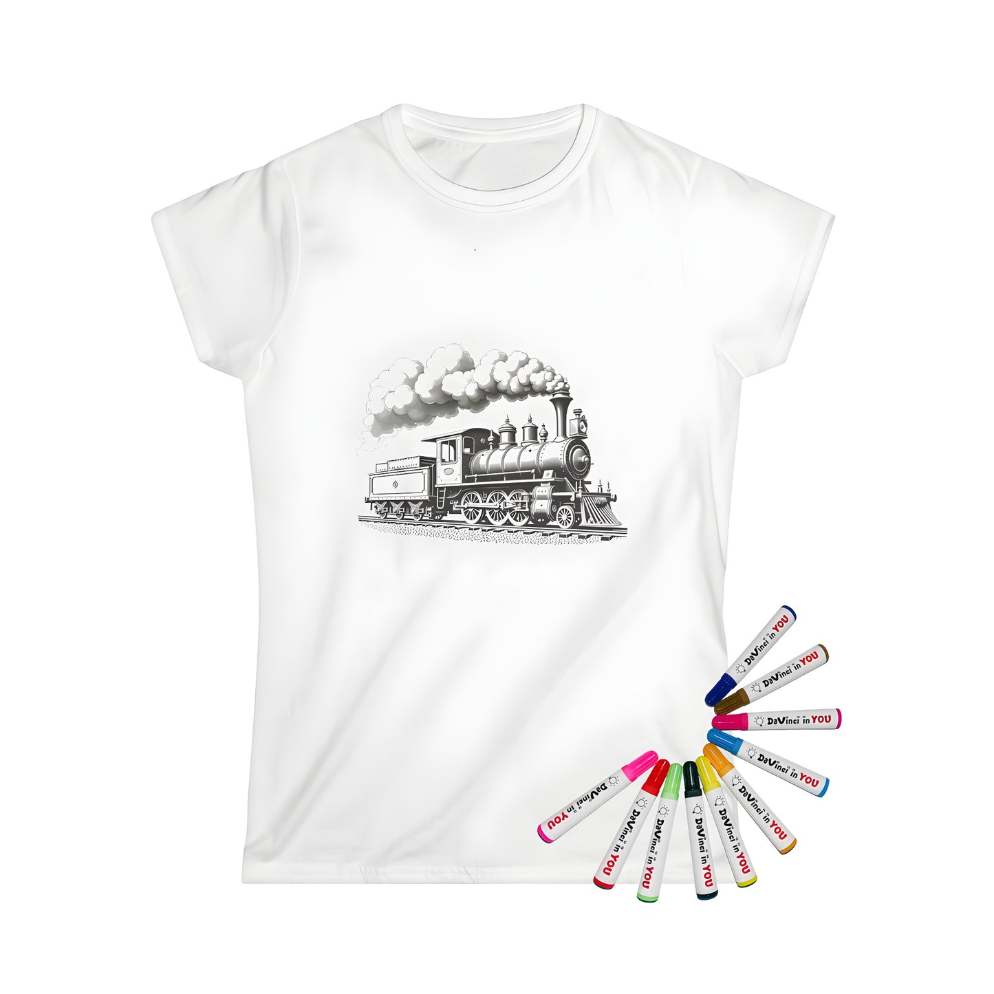 Women's T-shirt with vintage locomotive design, coloring kit and 10 fabric markers included