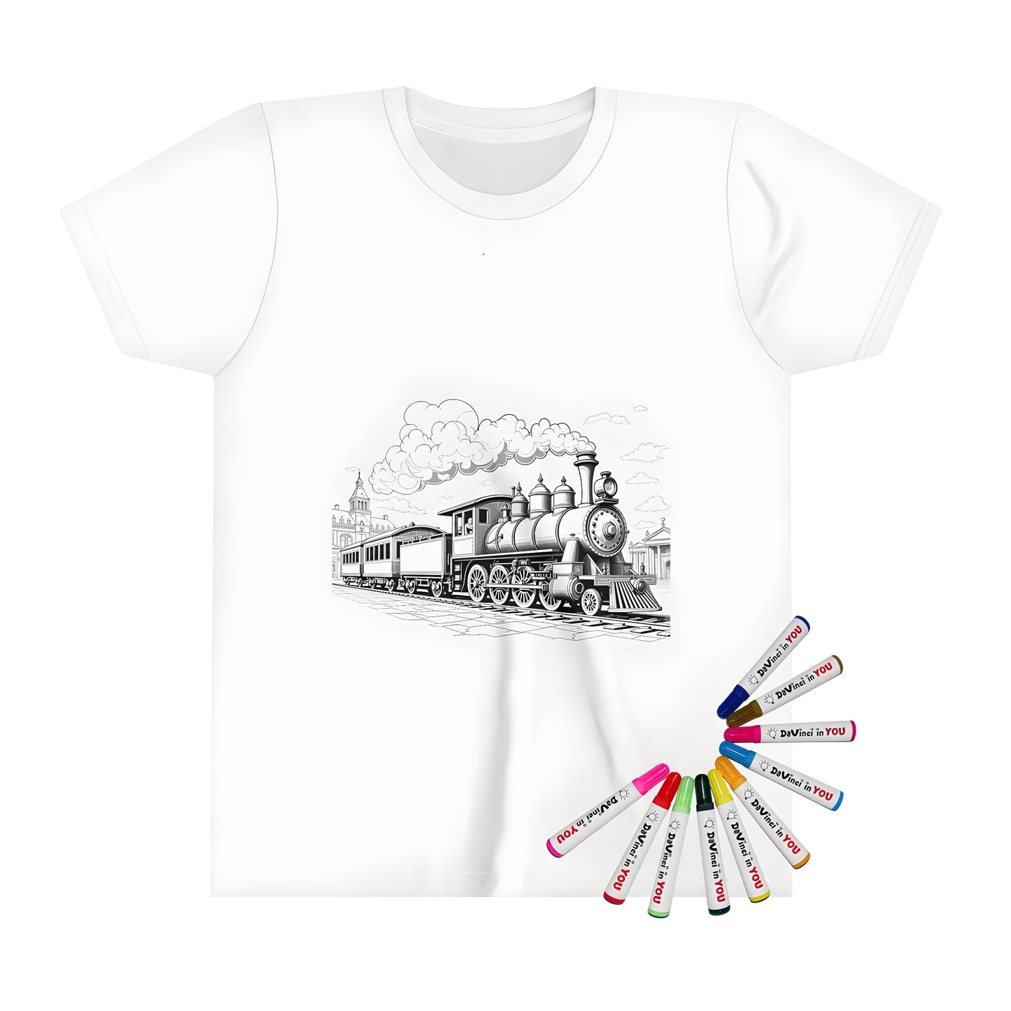 A colorful kid's t-shirt featuring an engine locomotive train with intricate details, transporting excitement and imagination for young explorers.