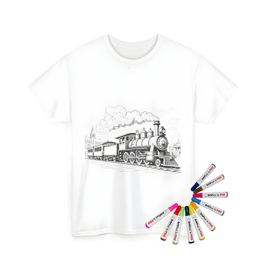 Coloring kit t-shirt with steam locomotive train illustration