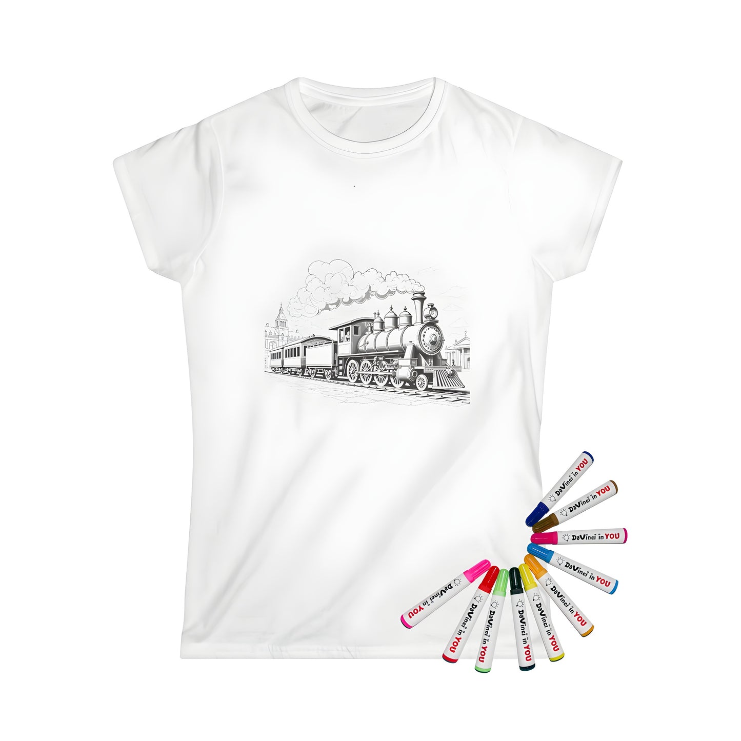 Women's t-shirt with vintage locomotive and train car coloring page design