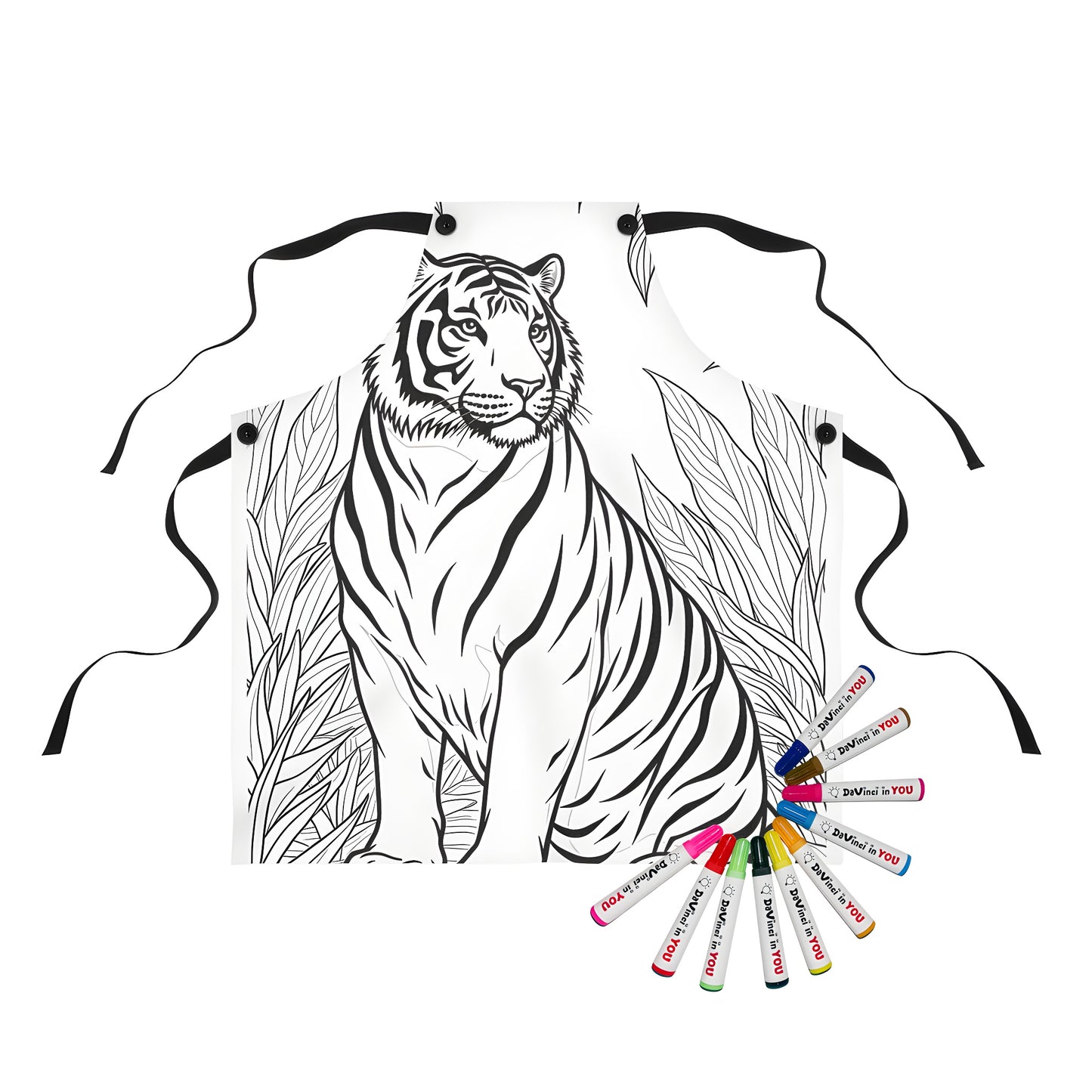 Detailed tiger design apron for kids' coloring fun with fabric markers - black and white drawing