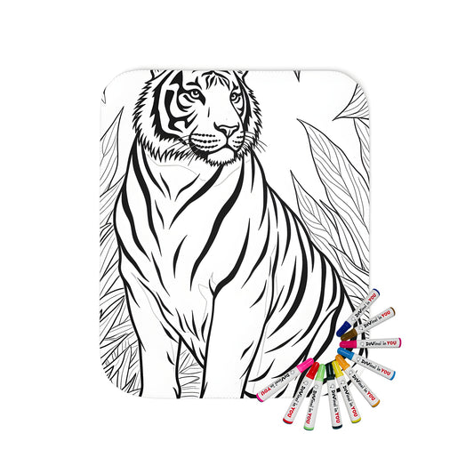 Blanket featuring a detailed black and white drawing of a tiger amidst leaves, with vibrant color accents