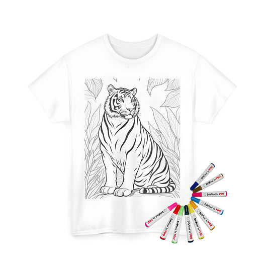 Unisex t-shirt with wild tiger design, detailed black and white drawing of a majestic cat amidst leaves