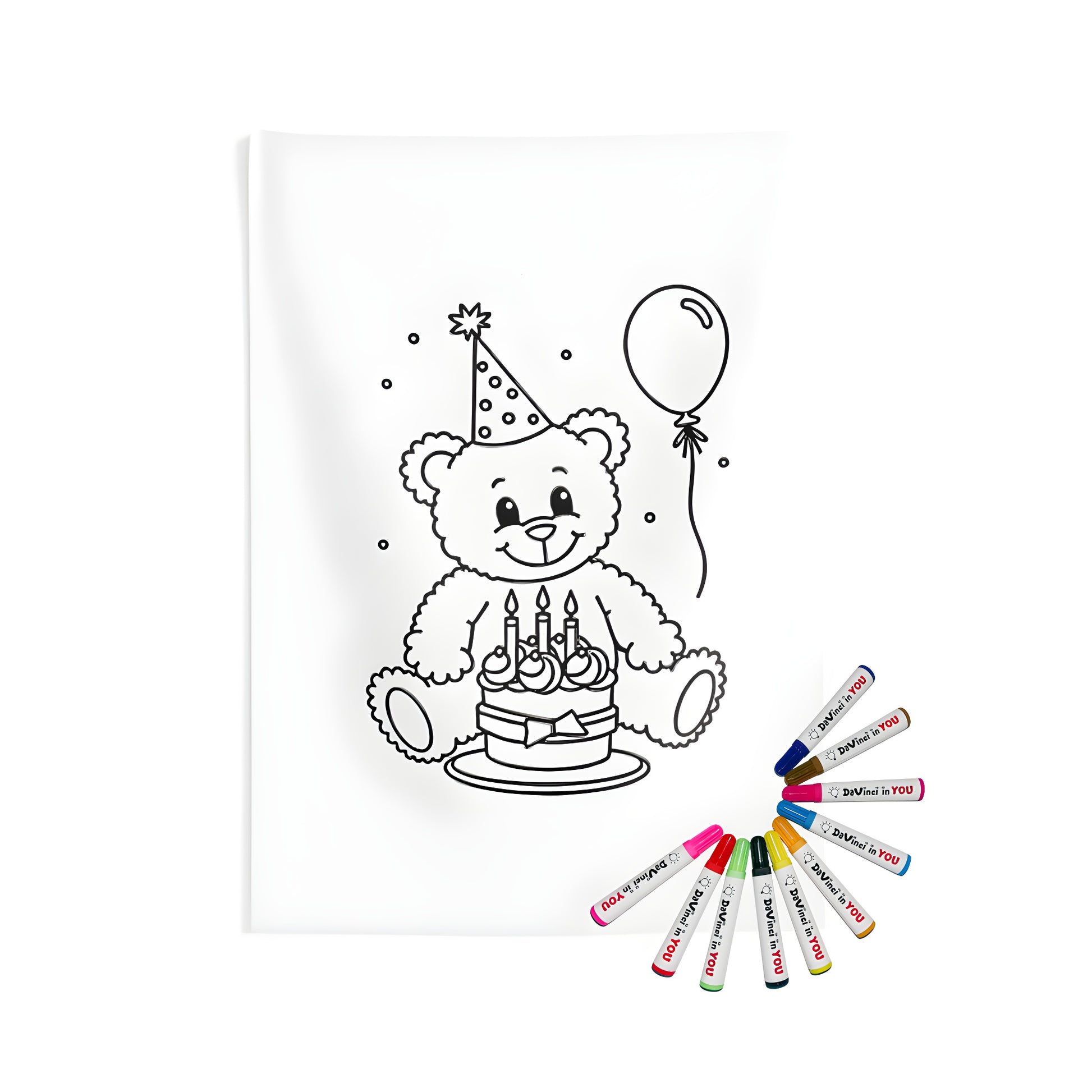Indoor wall tapestries with birthday bear design, featuring a teddy bear wearing a party hat and surrounded by festive decorations.