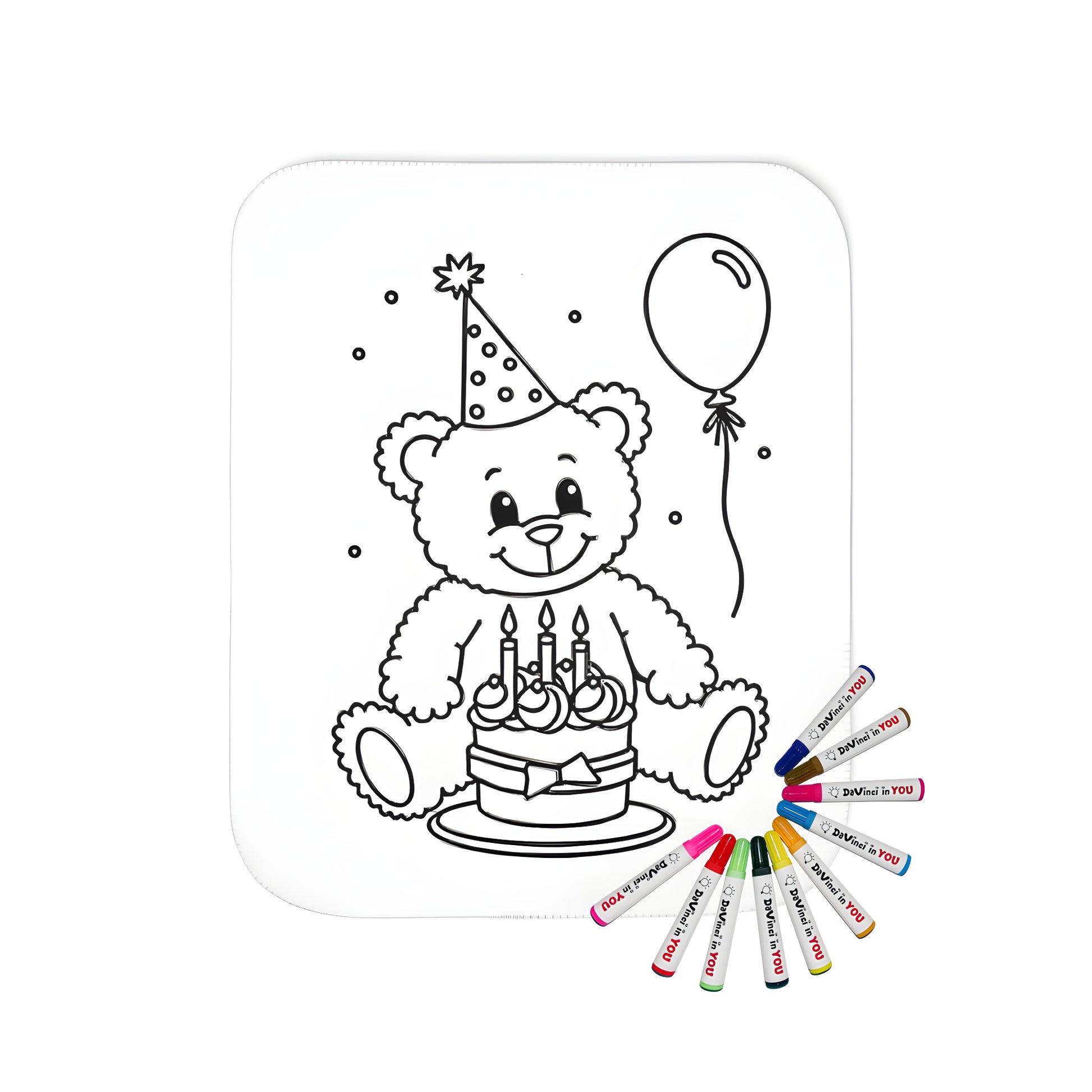 Teddy bear blanket with party hat coloring kit