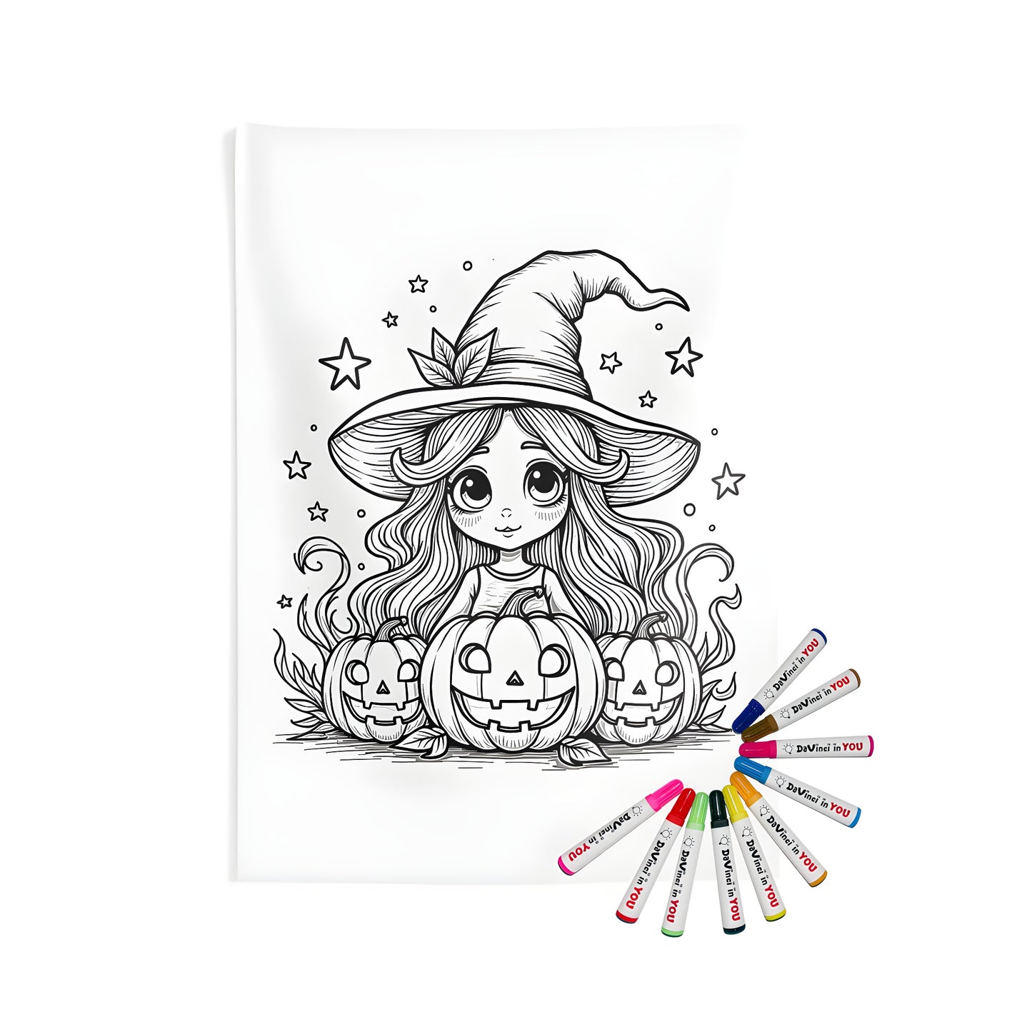A beautiful indoor wall tapestry featuring a cute witch girl surrounded by carved pumpkins, stars, and Halloween magic, perfect for your home decor. Includes 10 fabric markers for coloring fun.