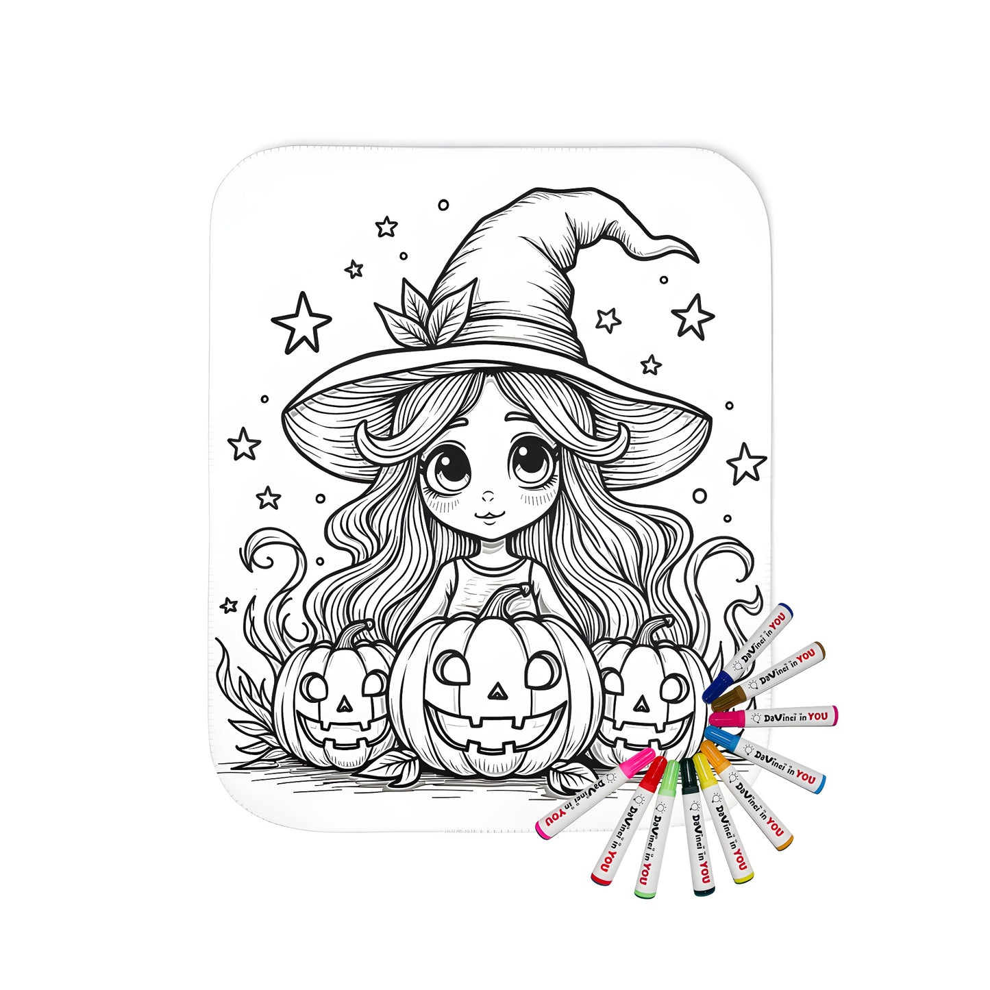 Cozy blanket with cute witch girl and pumpkins design, perfect for Halloween theme