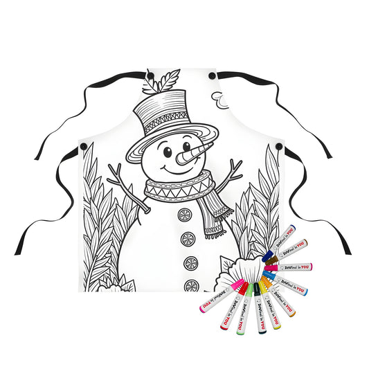 Cheerful snowman apron with colorful scarf and hat, printed on a durable fabric