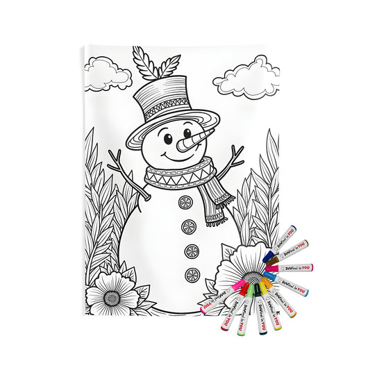 A cheerful indoor wall tapestry featuring a Christmas snowman design with fabric markers and snowy winter scene