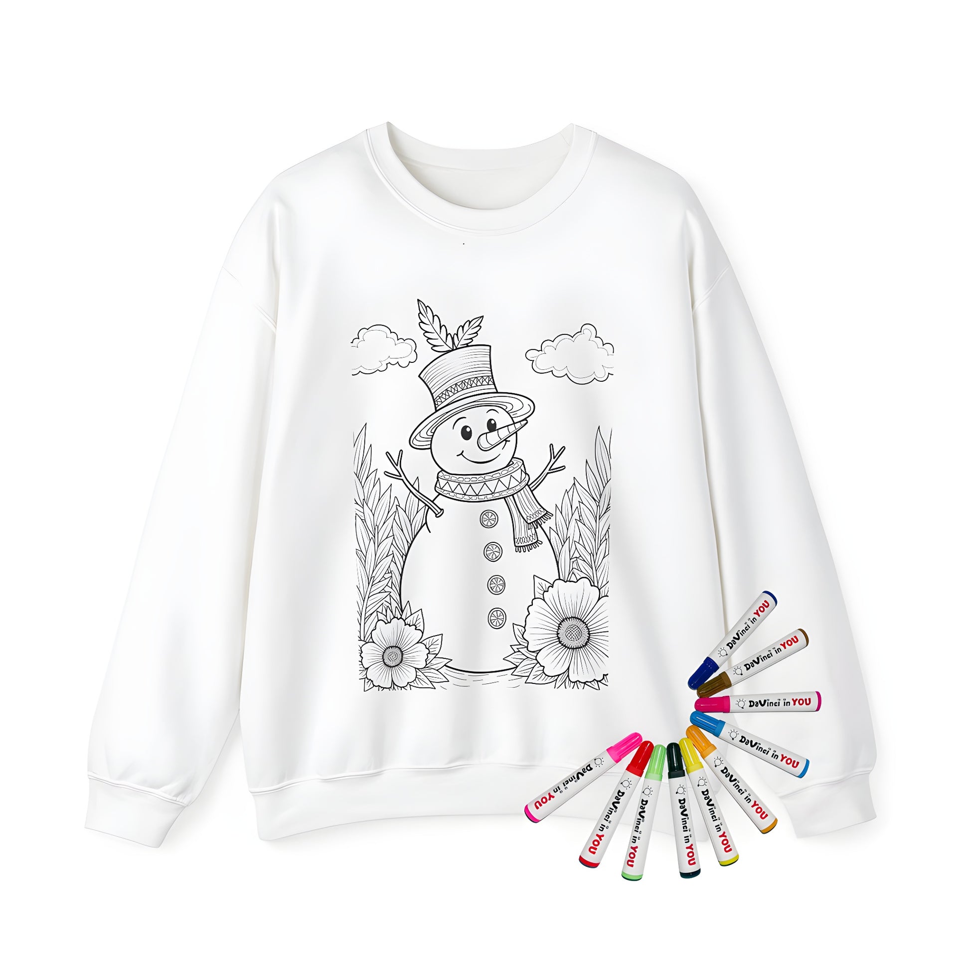Adult sweatshirt featuring a colorful snowman design with hat and scarf, surrounded by festive plants and flowers against a cloudy winter backdrop.
