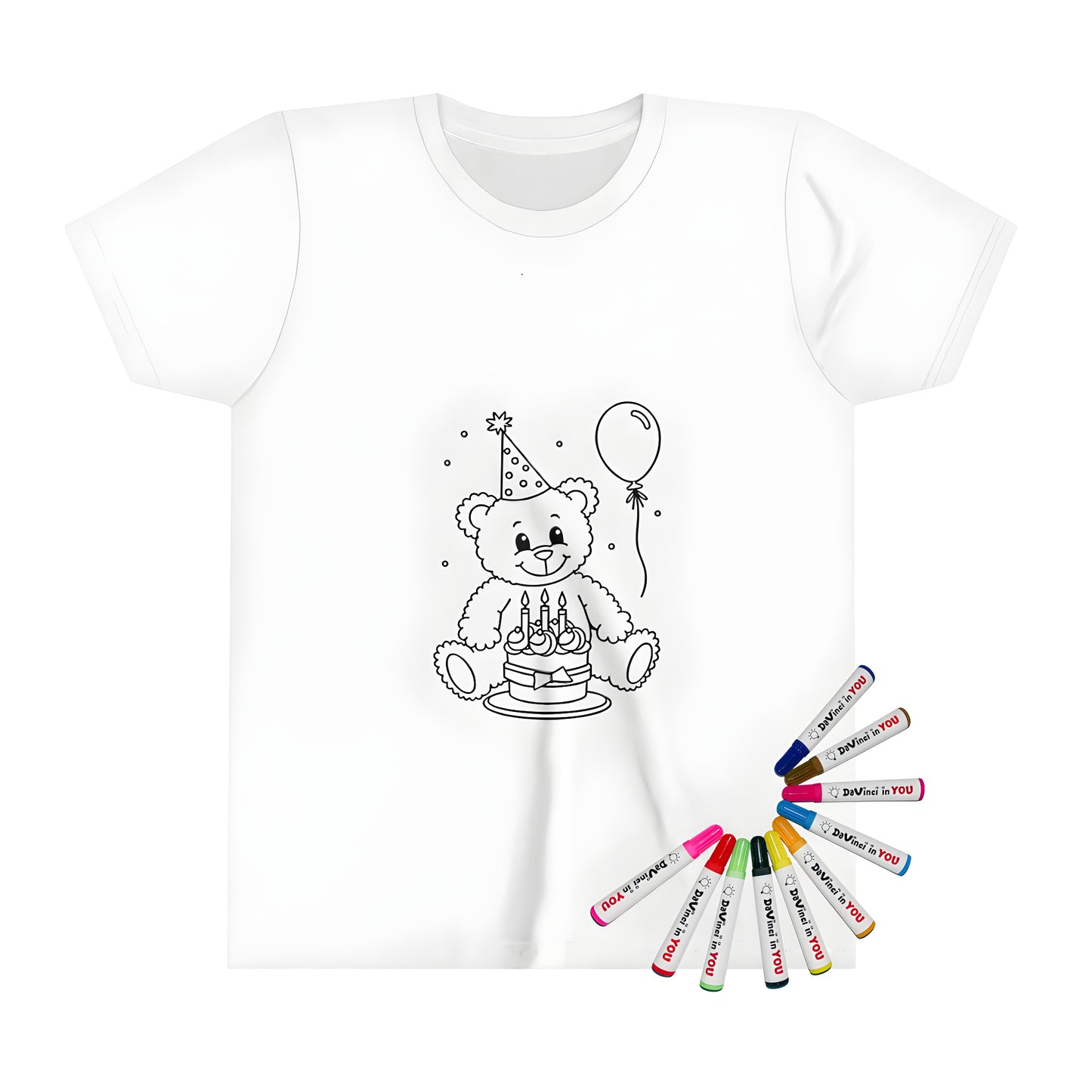 Kids' t-shirt featuring a cute birthday teddy bear character