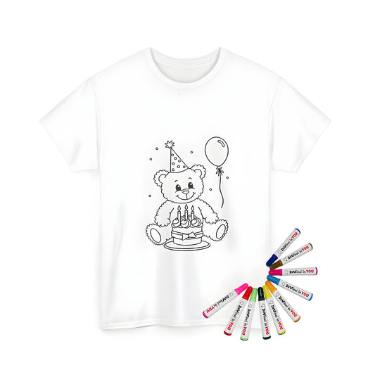 Unisex t-shirt featuring a teddy bear design with party hat and birthday cake