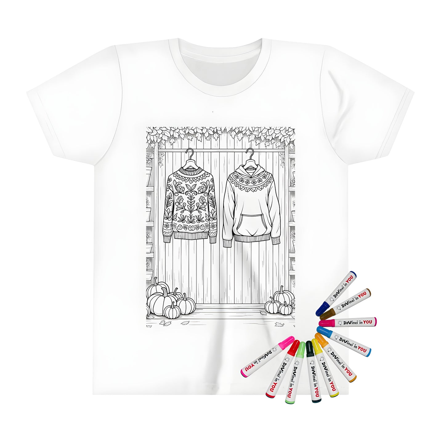 Kids' sweater designs on a colorful t-shirt