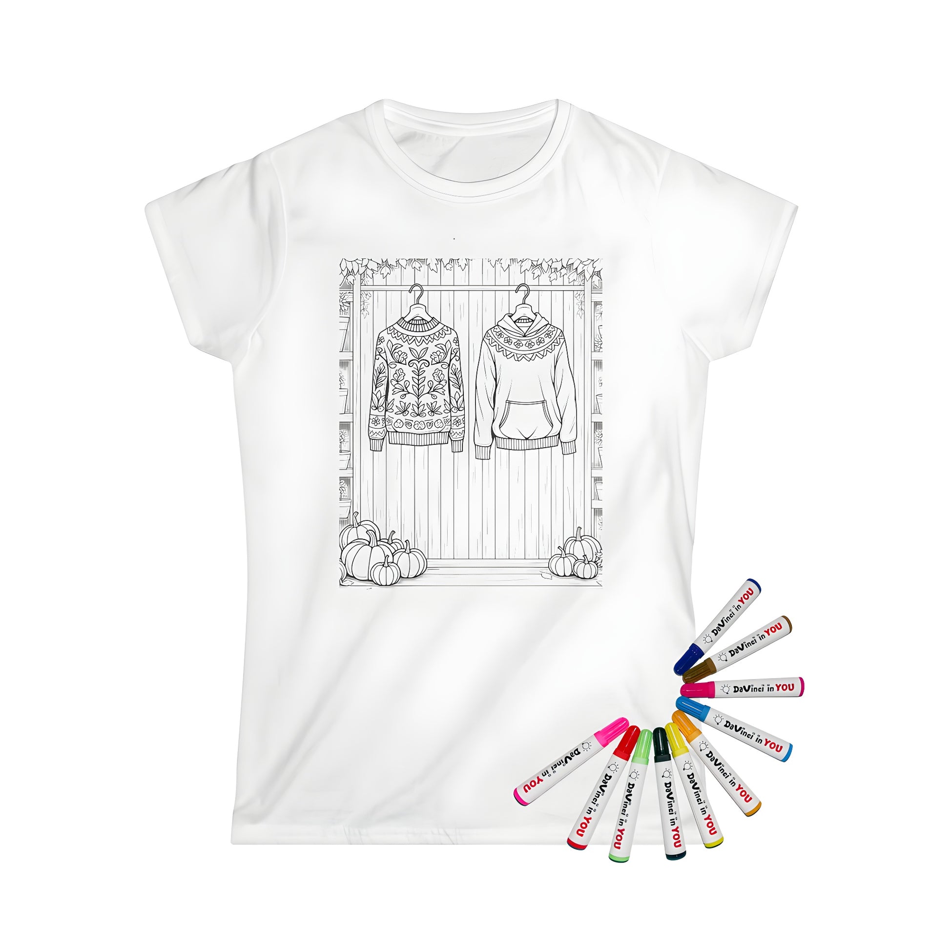 Women's sweater-inspired coloring kit with 10 fabric markers, including pullovers, cardigans, and knitwear designs