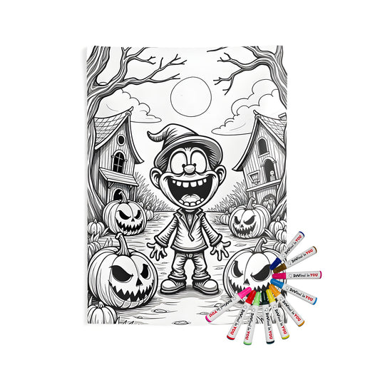 Indoor wall tapestries with vibrant, colorful designs of children surrounded by spooky autumn decor, featuring gourds and jack-o-lanterns in a Halloween setting.