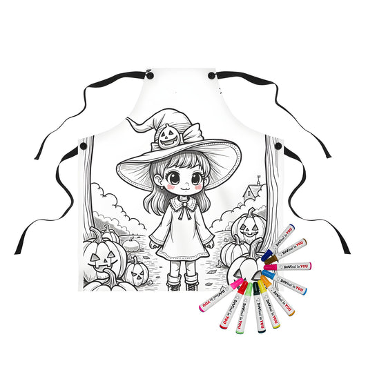 Cozy apron featuring a cute trick-or-treater girl illustration, perfect for Fall and Halloween season