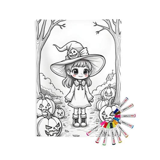 Indoor wall tapestries with cute witch girl design, fabric markers for coloring