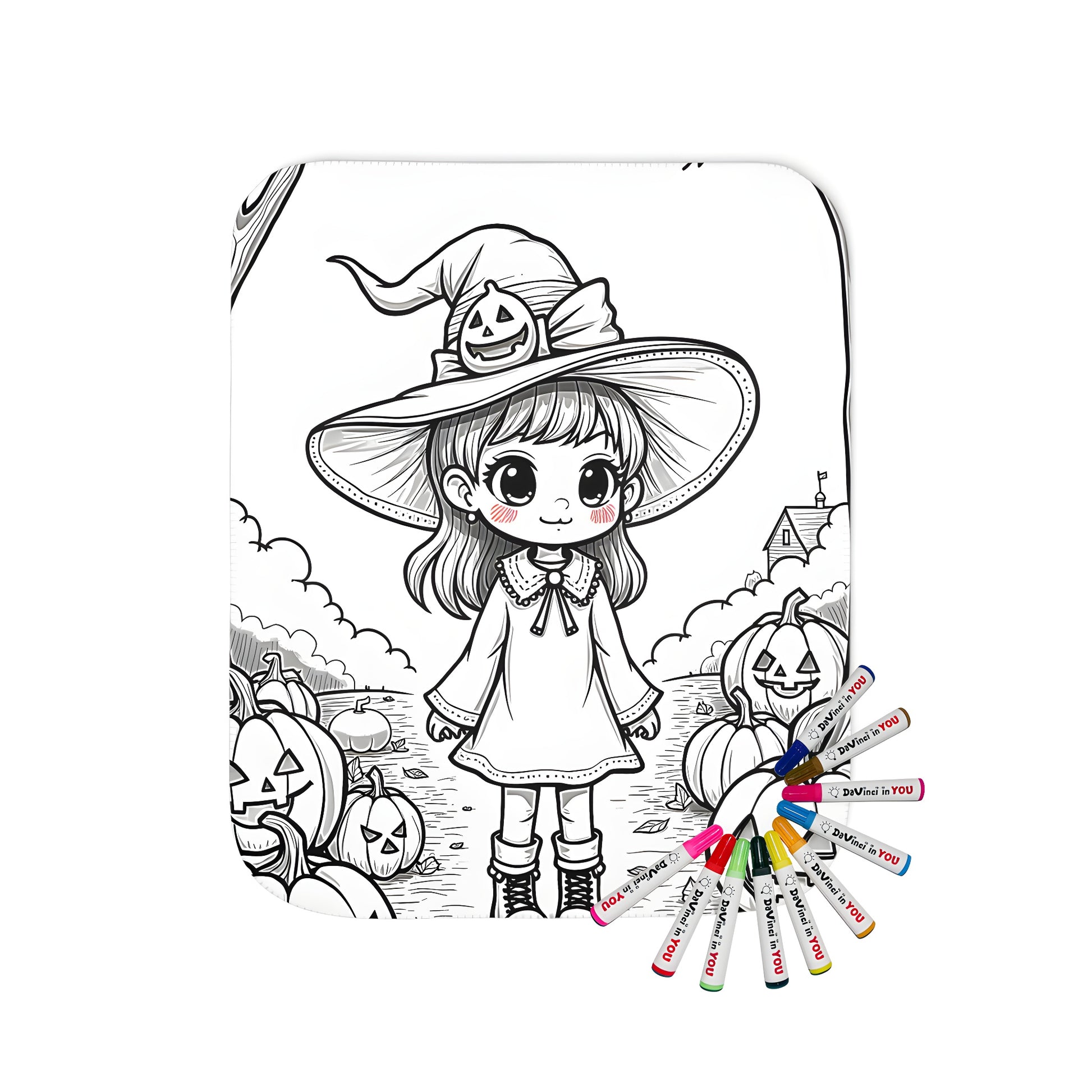 Cute trick-or-treat themed blanket for kids with little girl witch hat and pumpkin design