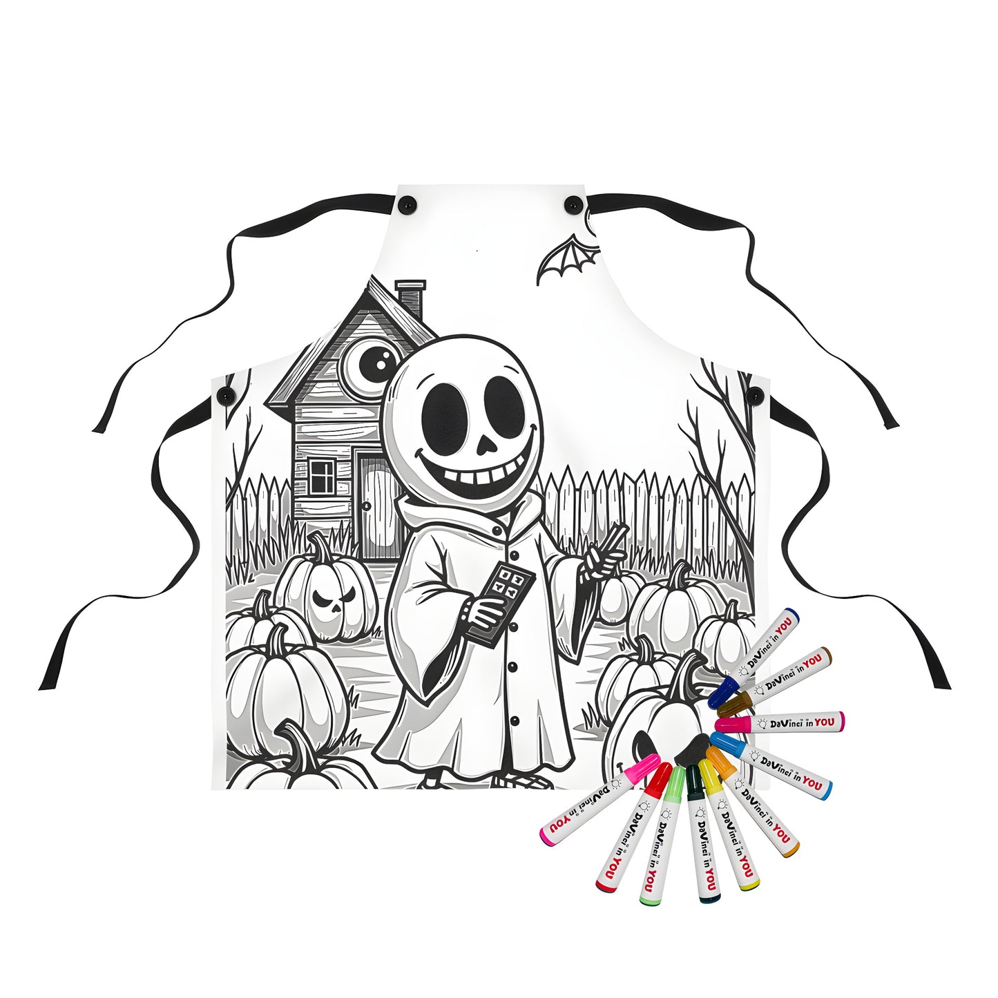 A spooky cartoon character holds a remote, surrounded by pumpkins and a creepy house on an apron with 10 fabric markers for coloring