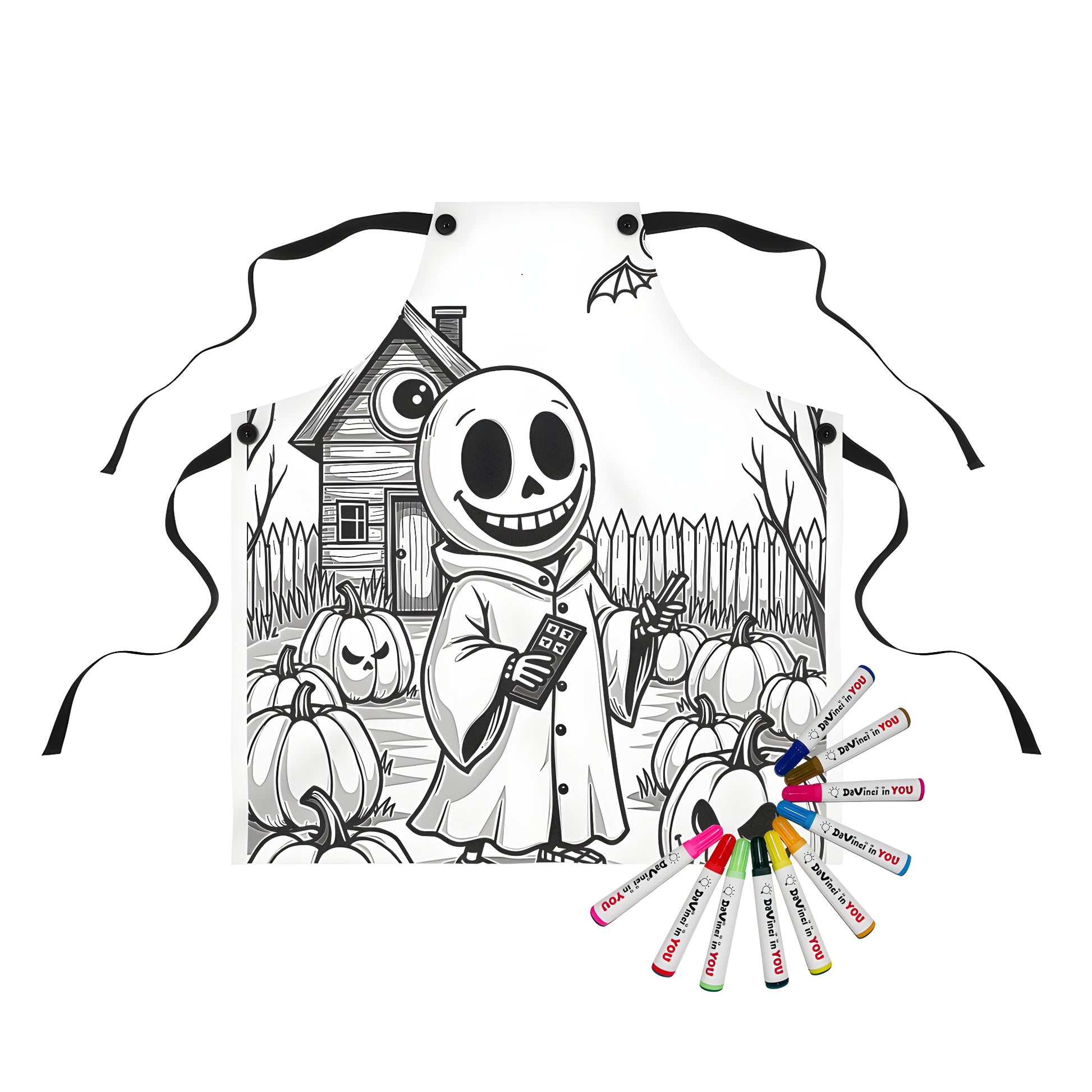 A spooky cartoon character holds a remote, surrounded by pumpkins and a creepy house on an apron with 10 fabric markers for coloring