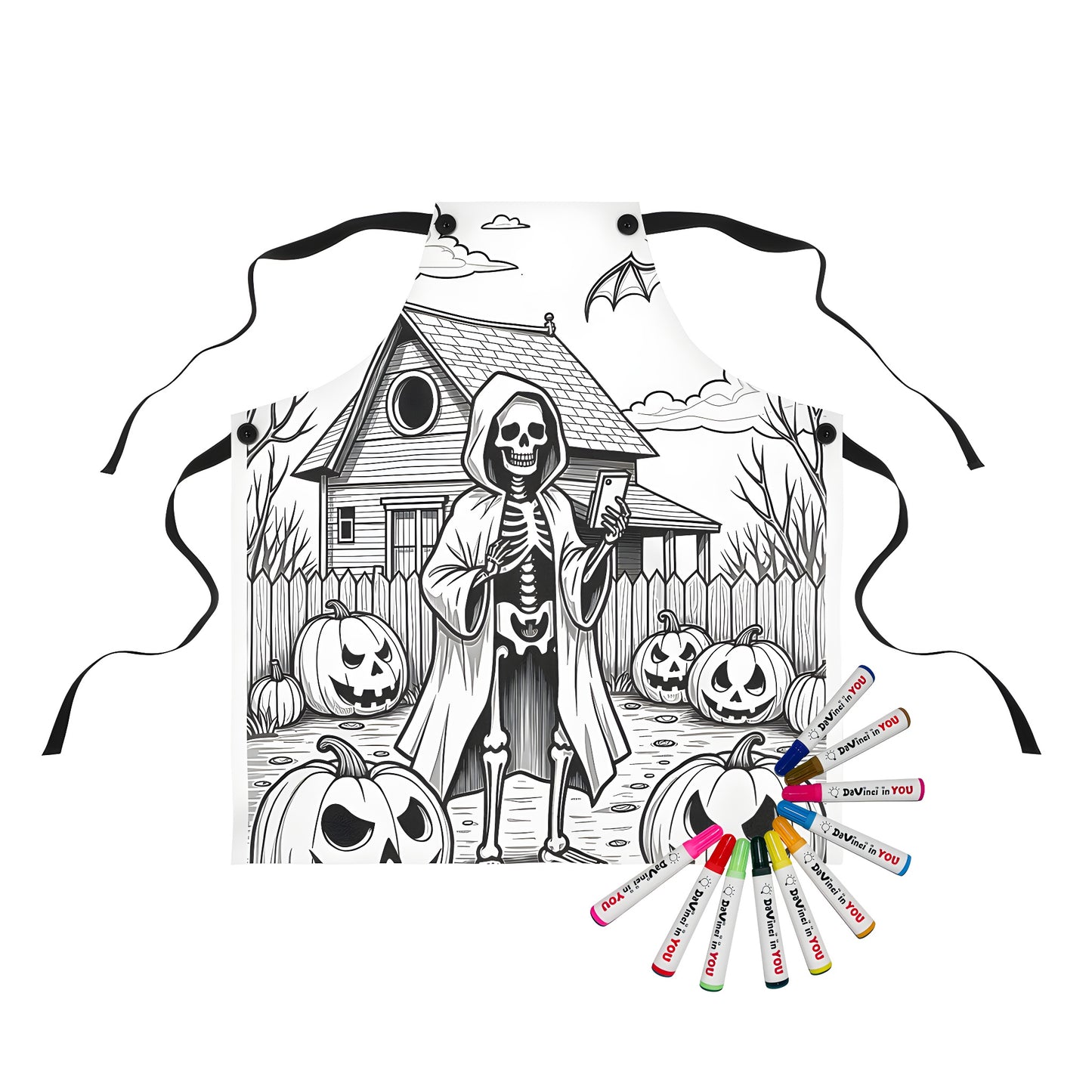 Coloring apron featuring a spooky skeleton design, great for Halloween and costume parties.