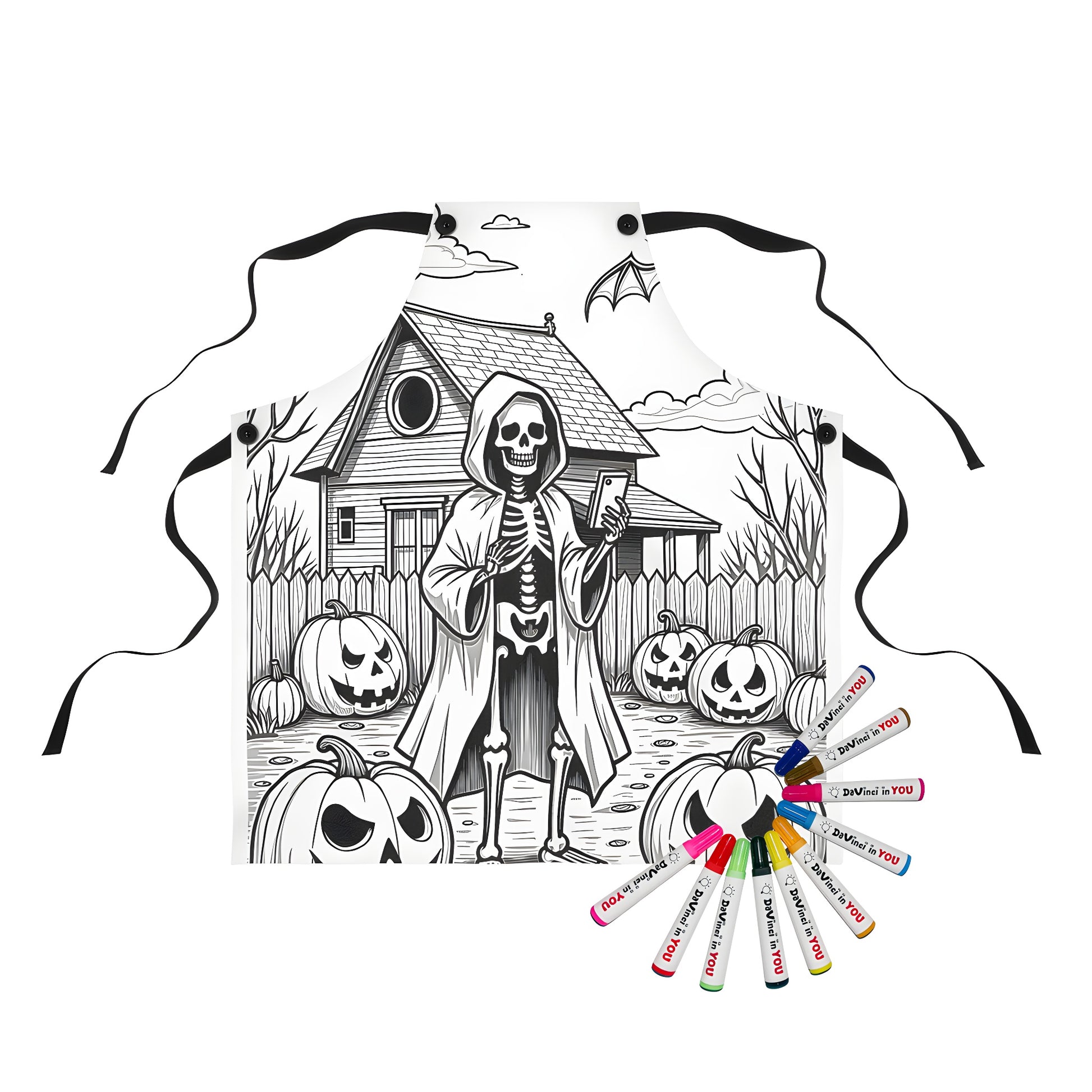 Coloring apron featuring a spooky skeleton design, great for Halloween and costume parties.