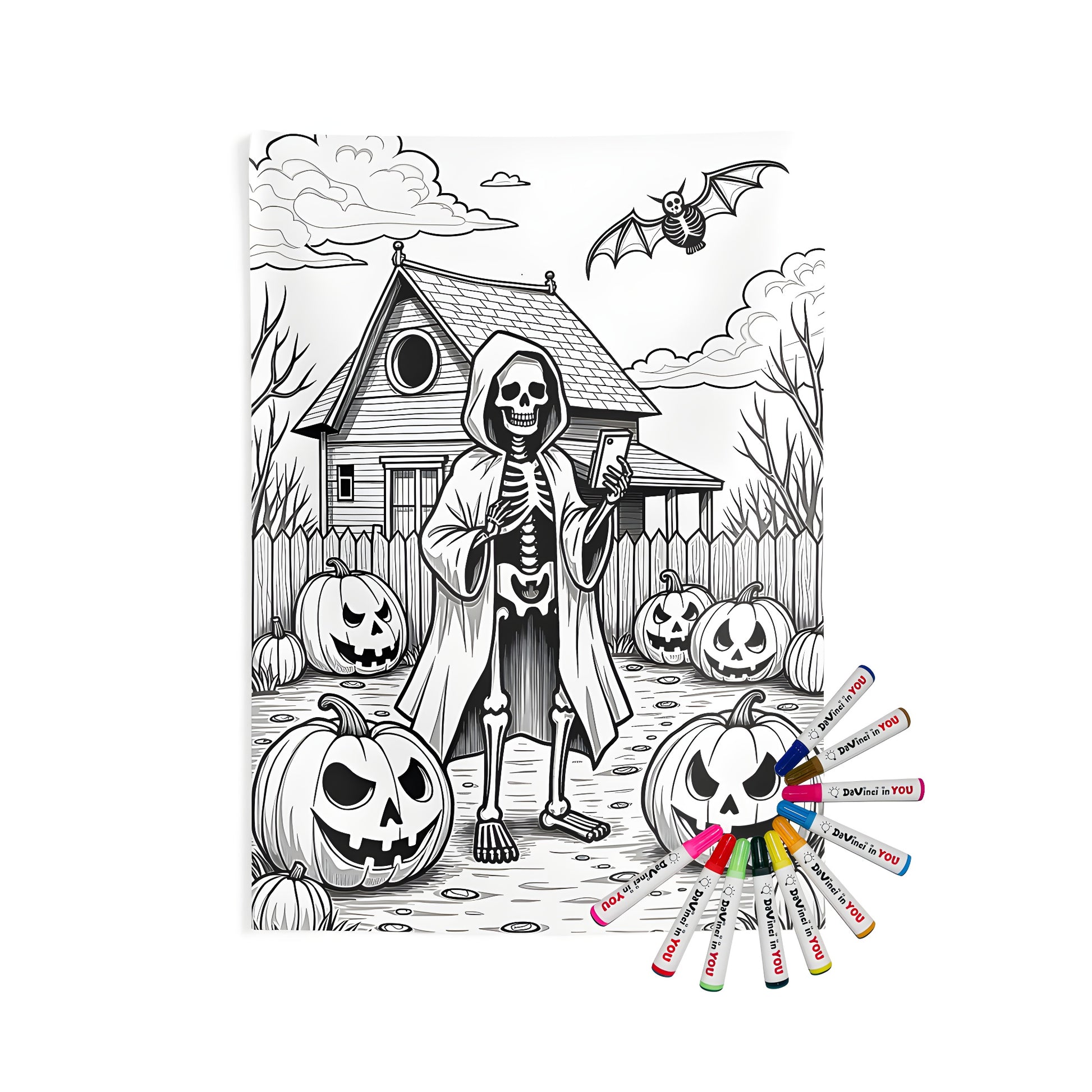 Indoor wall tapestries coloring kit with fabric markers and spooky skeleton or ghoul design for adults - jack-o'-lanterns in a haunted yard