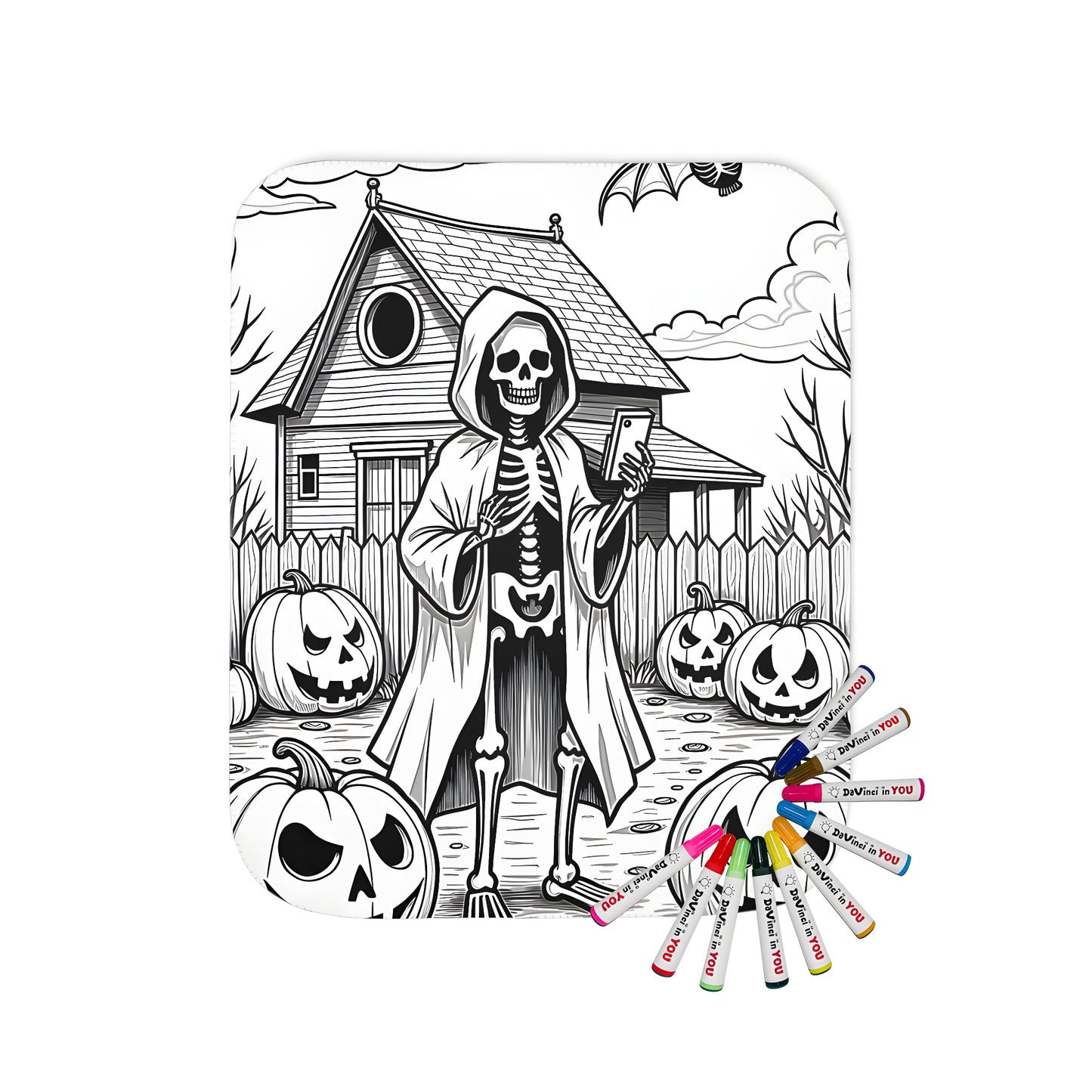 Cozy blanket featuring a spooktacular skeleton design with hooded cloak, holding phone amidst jack-o'-lanterns in a graveyard yard scene. Perfect for Halloween or fall decor.