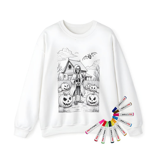 Adult sweatshirt with skeleton design featuring a hooded cloak and jack-o'-lanterns. Perfect for halloween enthusiasts.